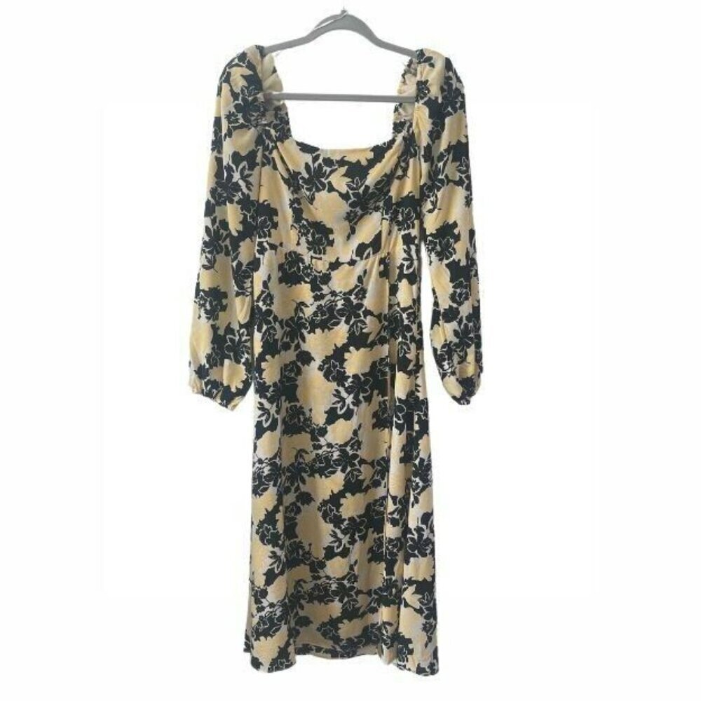 ASTR the Label Midi Black Yellow Floral Faux Wrap Long puff Sleeve dress M NWOT